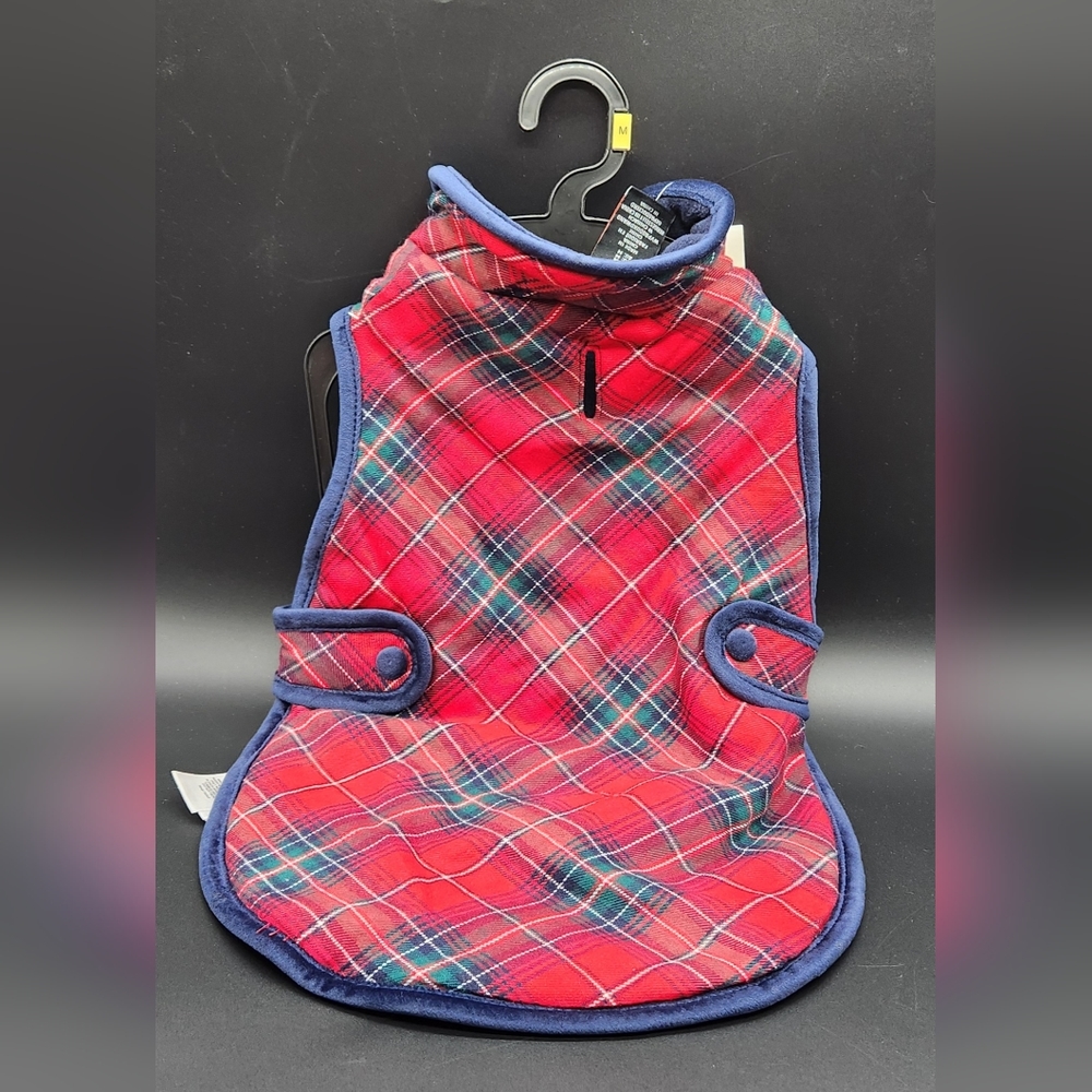 New +Tags Max Studio Pet Dog Coat Size Medium Red Green Blue Plaid Fleece Velour